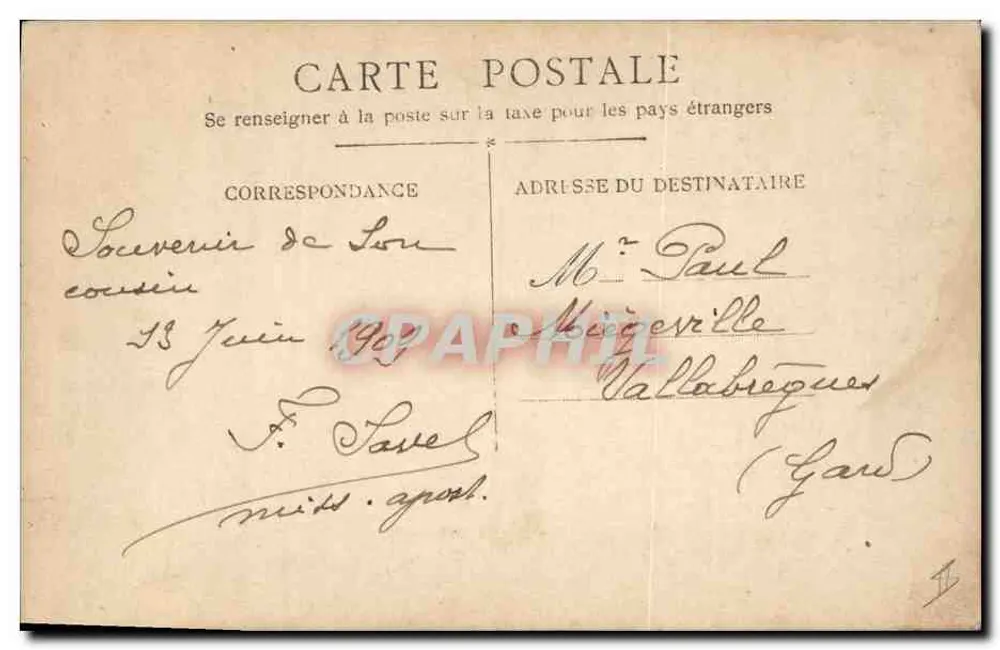 Erstkommunion-Gedächtnis — Vallabregues, 13. Juni 1909 — ABN, Nr. 639 - Rückseite