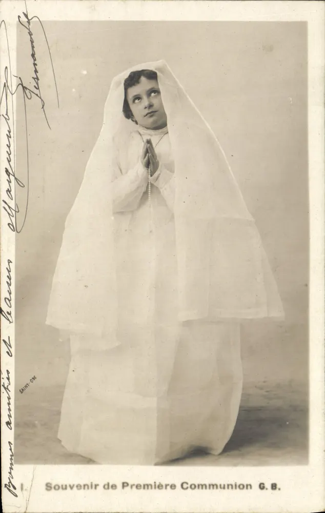 Mädchen in weißem Kleid und Schleier — Erinnerung an die Erstkommunion — G.B. (Verleger) Nr. 1 - Vorderseite