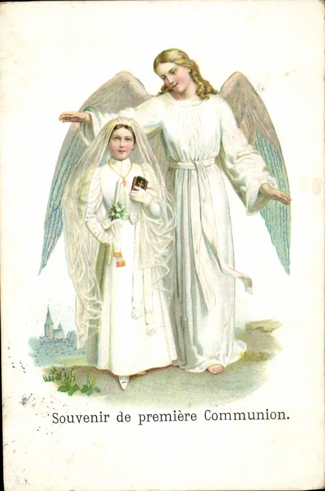 Souvenir de première Communion — ange et petite fille — éditeur non visible - Recto