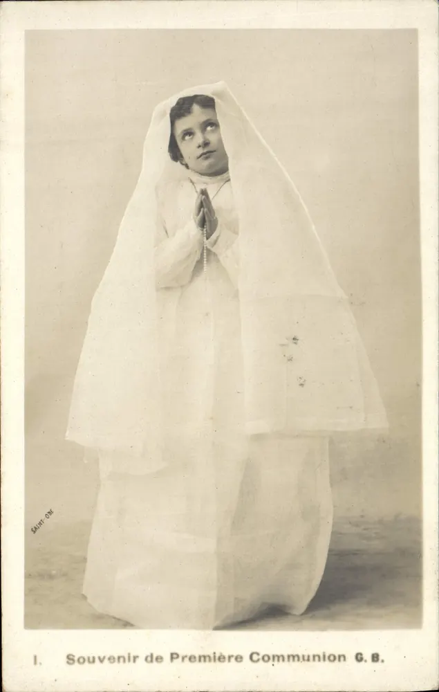 Mädchen in weißem Kleid und Schleier — Erstkommunion-Erinnerung — G.B. (Verlag) - Vorderseite