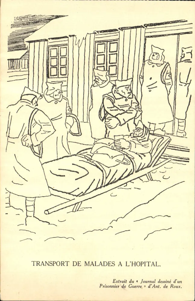 Transport von Kranken ins Krankenhaus — Auszug aus dem « Zeichnenden Tagebuch eines Kriegsgefangenen » von Ant. de Roux - Vorderseite
