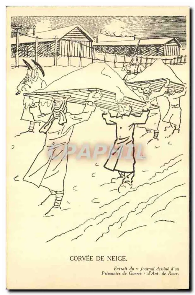 Corvée de Neige — Extrait do « Journal dessiné d'un Prisonnier de Guerre » d'Ant. de Roux - Frente