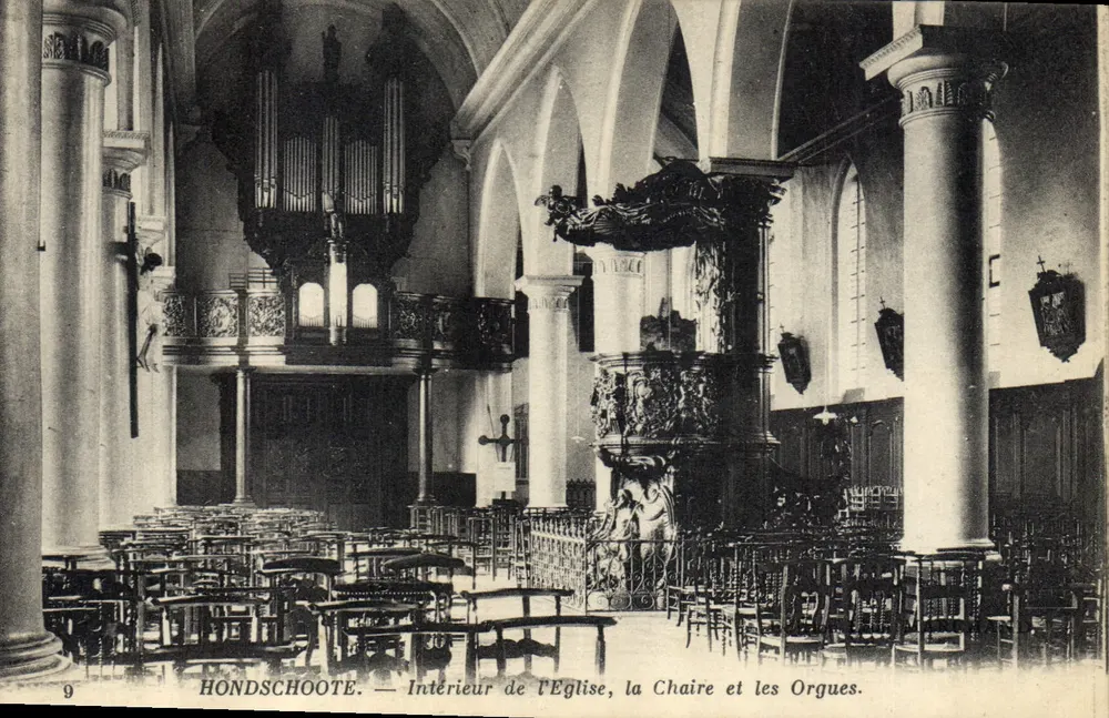 Hondschote — Innenansicht der Kirche, der Kanzel und der Orgeln — Imp. Photographique Neurdein Frères, Paris, n°9 - Vorderseite