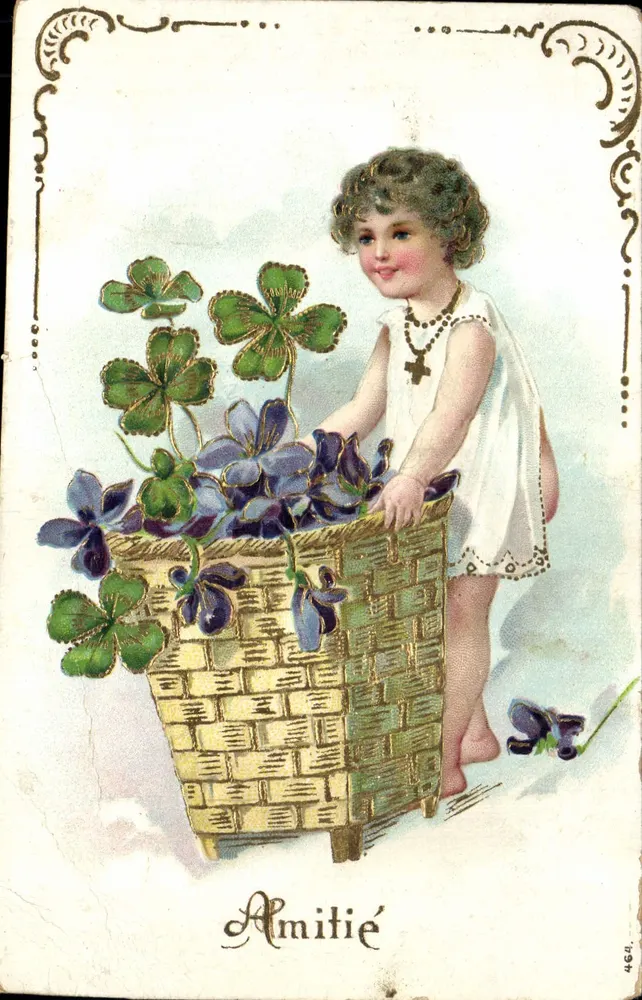 Enfant avec panier de violettes et trèfles — éditeur 'Almitié' n°464 - Frente