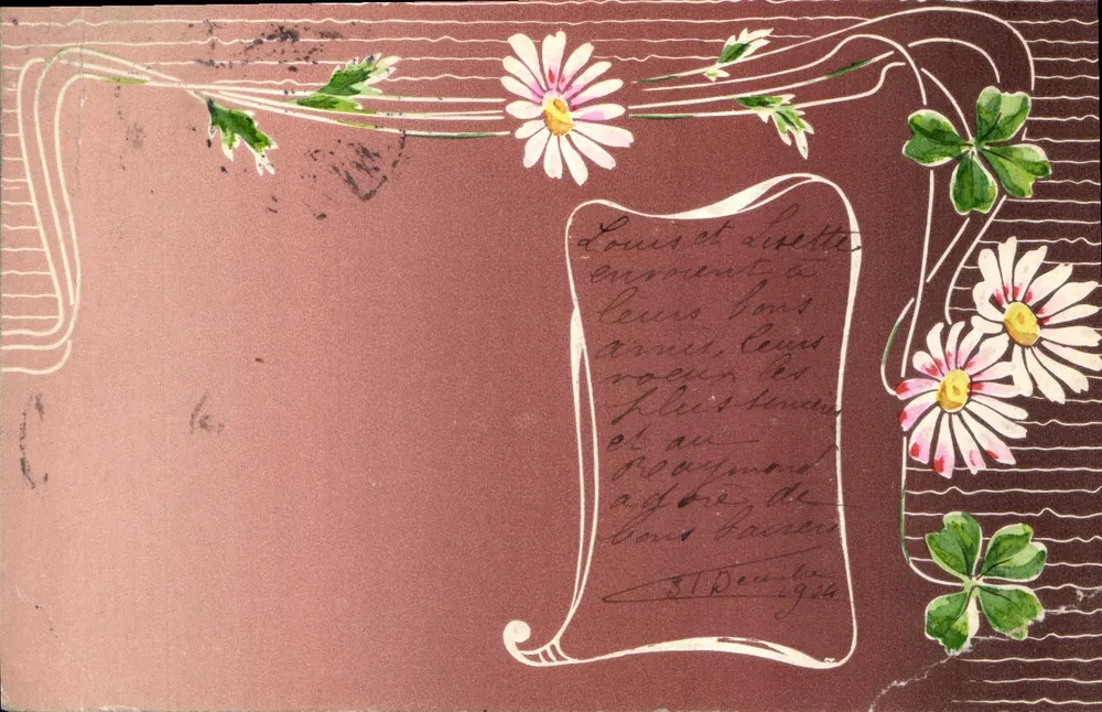 Cartão postal decorativo com flores — Louis e Asette aos seus amigos — datado 31 Dez 1924 - Frente
