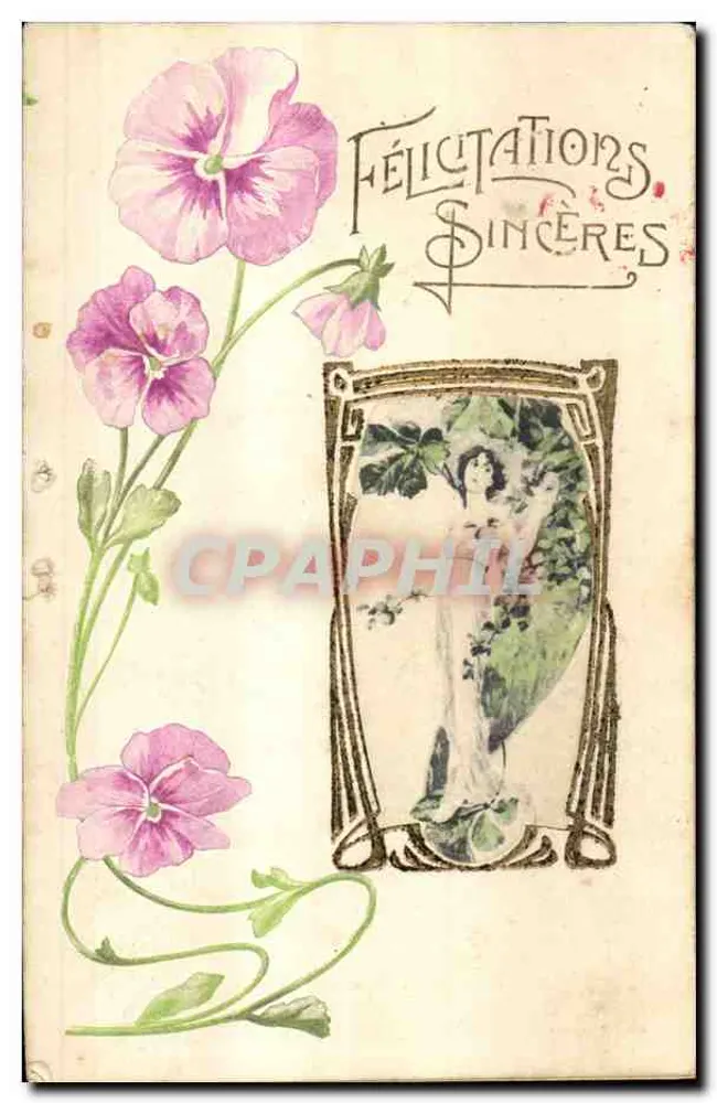 Herzliche Glückwünsche — Ansichtskarte im Art Nouveau-Stil mit Blumen und Frau im Rahmen — Verlag nicht sichtbar - Vorderseite
