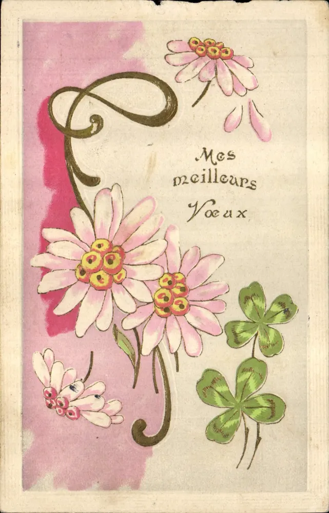 Fleurs et trèfles — carte de vœux avec texte manuscrit — éditeur 'Levelezô-Lap' (verso) - Frente