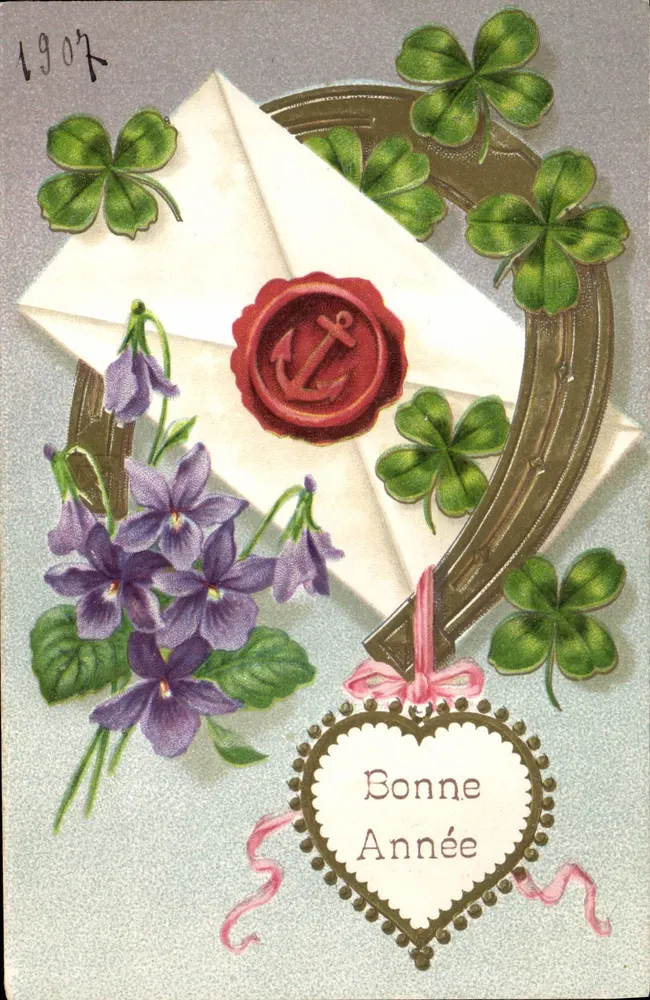 Carta de boas-vindas com envelope e folhas de trêfego — 1907 — editor não visível - Frente