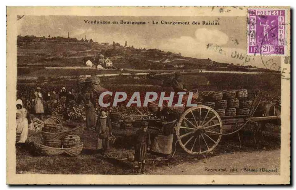 Traubenlese in der Bourgogne — Das Verladen der Trauben — Ronco aîné, Verlag — Beaune (Deposé) - Vorderseite