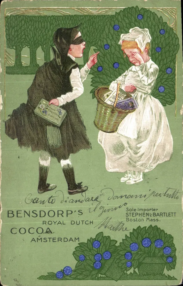 Deux enfants jouant à cache-cache — scène de forêt — éditeur Bensdorp's Royal Dutch Cocoa, Amsterdam - Voorkant