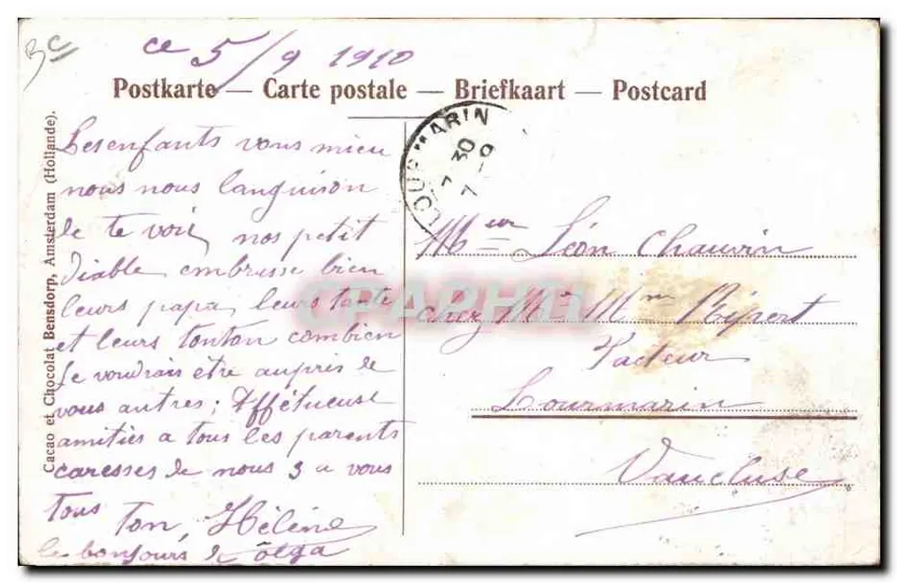 Frau und Kind am Ufer eines Kanals — niederländisches Landschaftsbild mit Windmühle — Cacao und Chocolat, unbekannter Verlag - Rückseite