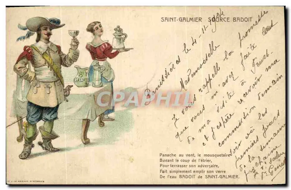 Panache ao vento, o mosqueteiro — Saint-Galmier, fonte Badoit — editor H. de Némap, St-Étienne - Frente