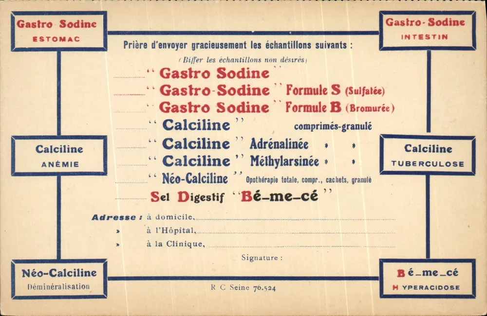 Gastro-Sodine — Werbung für Medikamente — Laboratorium der 'Gastro-Sodine' und 'Calciline' in Paris XV - Vorderseite