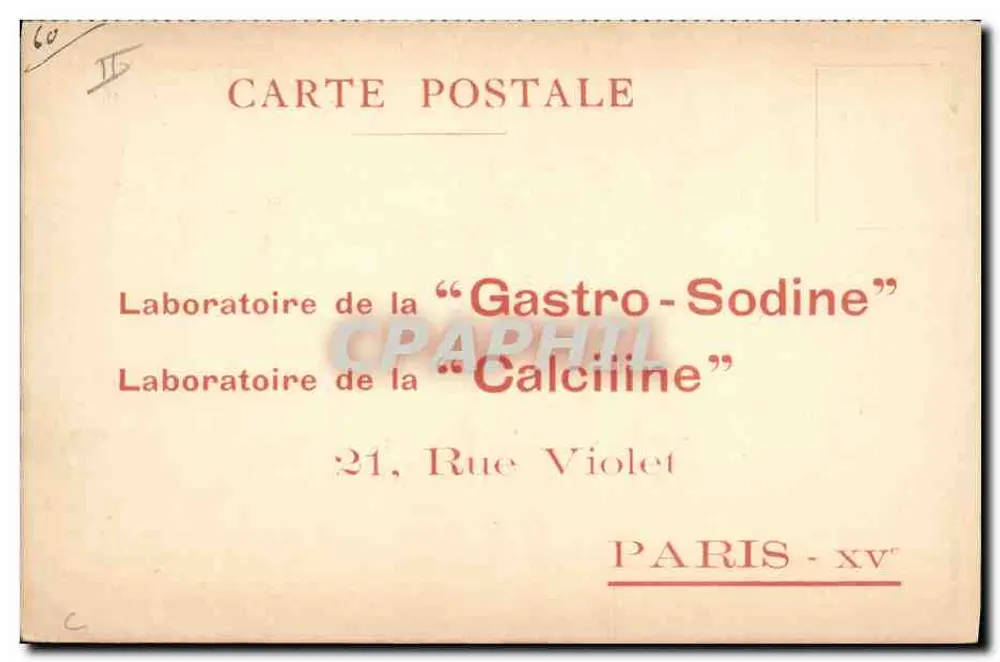 Gastro-Sodine — Werbung für Medikamente — Laboratorium der 'Gastro-Sodine' und 'Calciline' in Paris XV - Rückseite