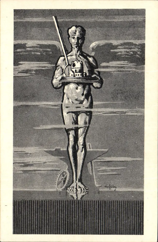 Hombre sosteniendo una máquina — ilustración publicitaria — Société Française des Appareils Électriques "VÉGA", Lyon - Anverso