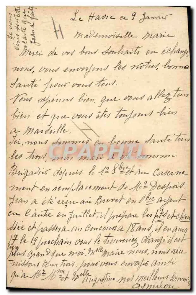Nachtansicht von Le Havre — Segelboot und Leuchtturm — Zeichnung von J. Merbou - Rückseite