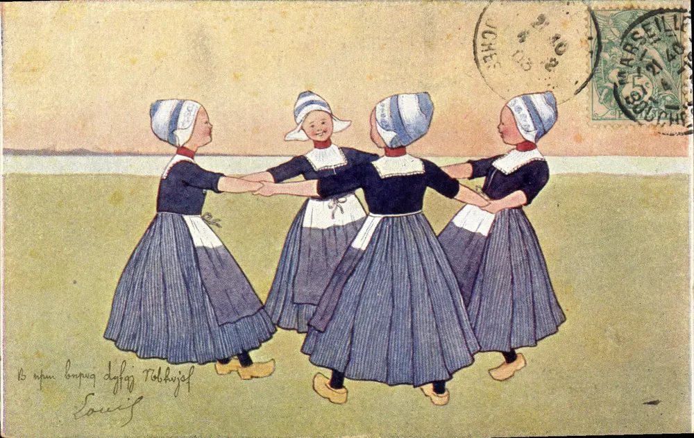 Quatro jovens moças em traje tradicional holandês — dança — editor B.K.W.I. n° 648-4 - Frente