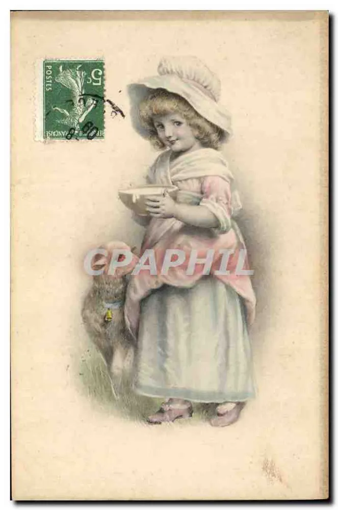 Mädchen in rosa Kleid und weißem Hut — mit Kaninchen — Verlag M. M. Vienne, n° 217 - Vorderseite