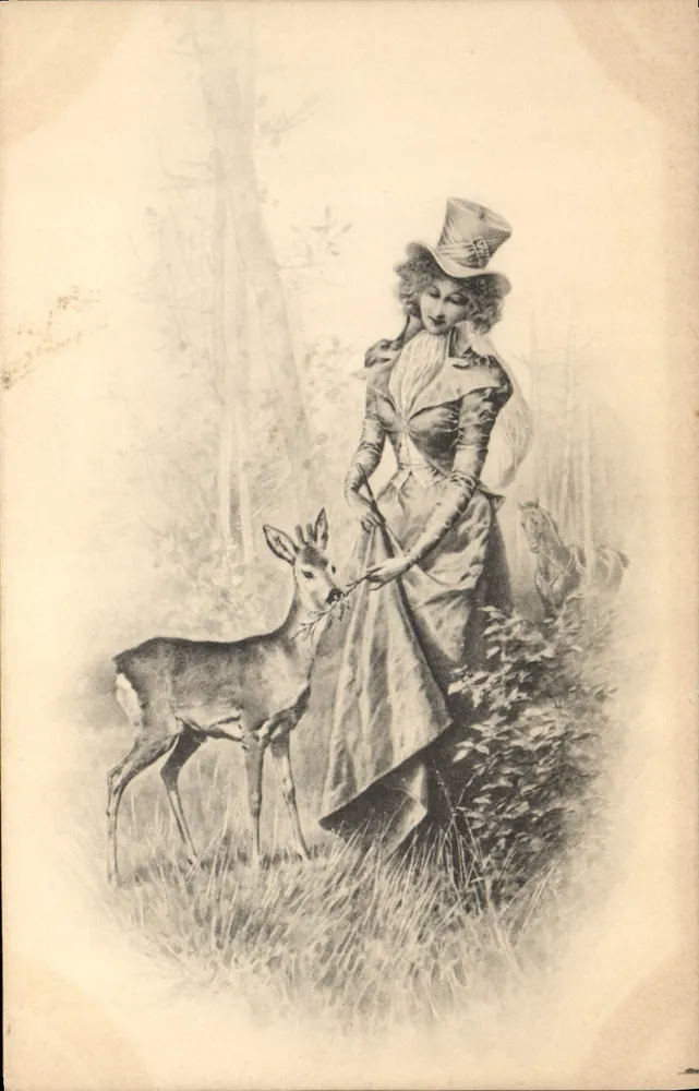 Frau mit Zylinder, die ein Reh streichelt — Illustration — M. M. Vienne - Vorderseite