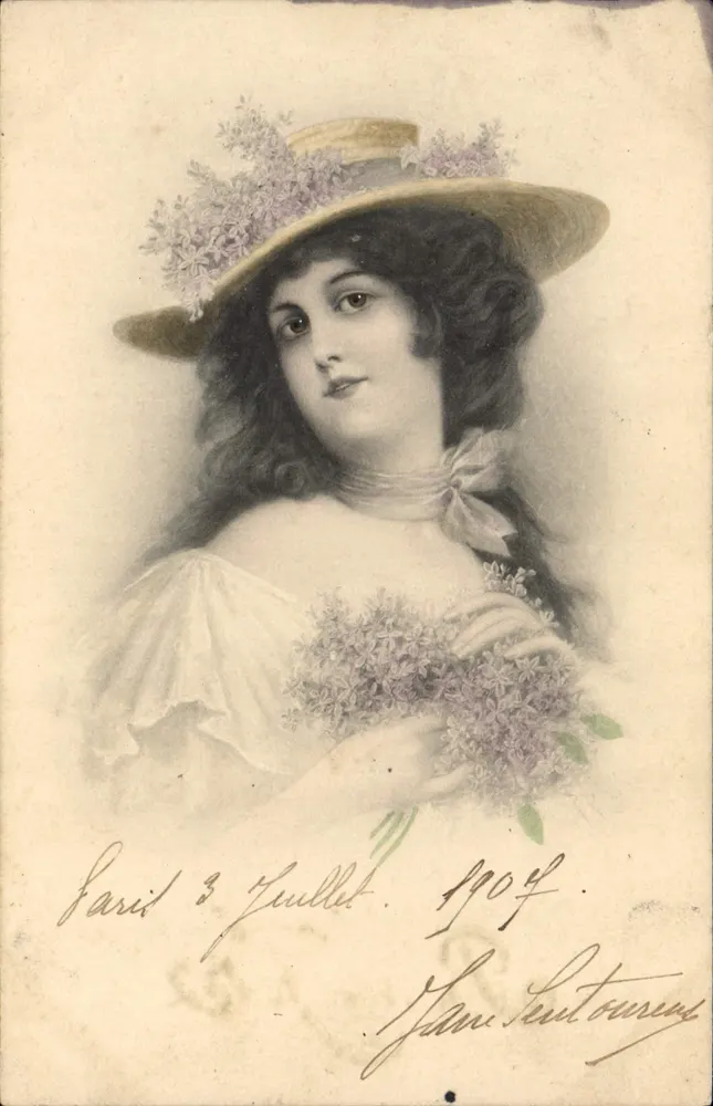 Frau in einem Strohhut mit Lilien — Paris, 3. Juli 1904 — San Sentourne - Vorderseite