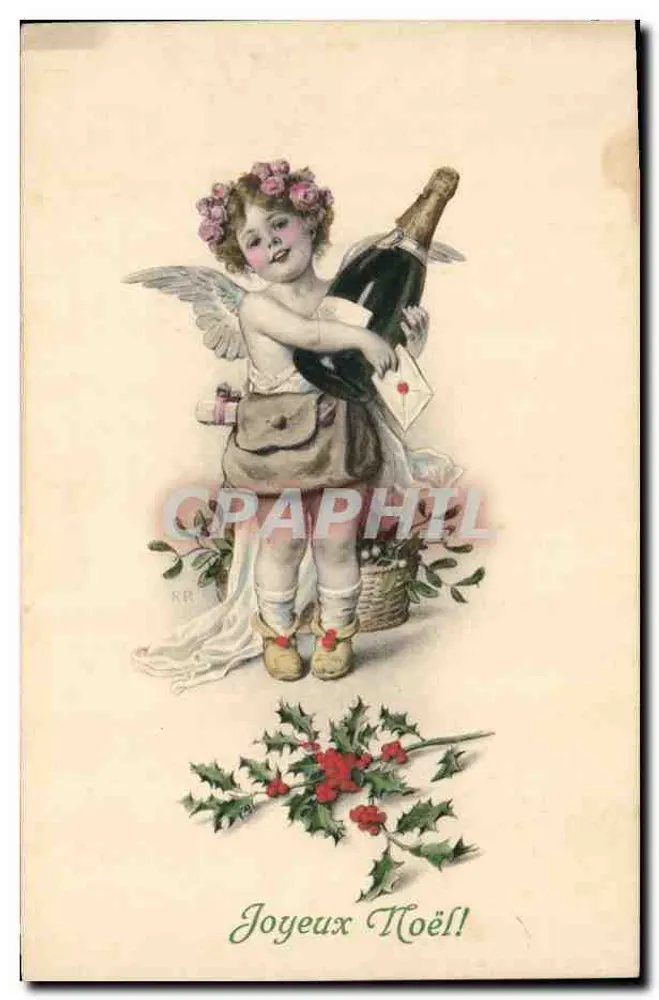Weihnachts-Sucher — Engel mit Rosen und Flasche — M. M. MUNK, Nr. 523 - Vorderseite