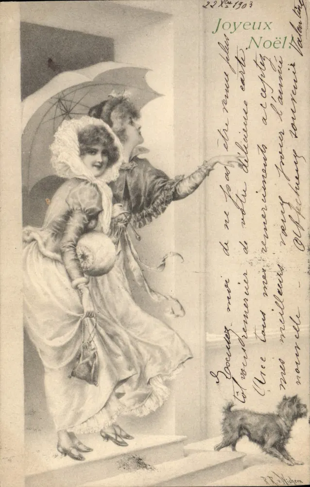 Zwei junge Frauen unter einem Schirm — Frohe Weihnachten — Verlag R.R. Weber, Nr. 22 - Vorderseite