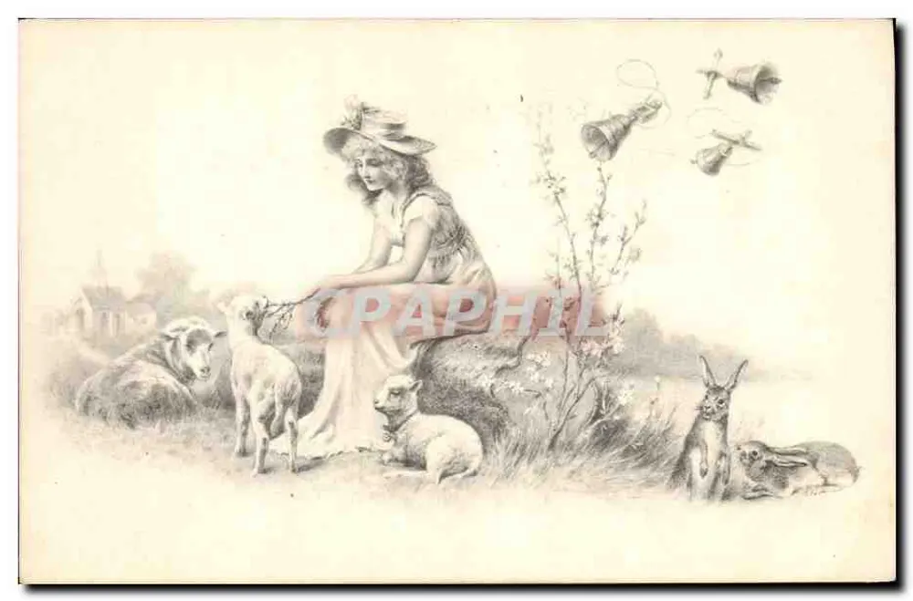Frau mit Schafen und Hasen — ländliche Szene — M. M Vienne - Vorderseite