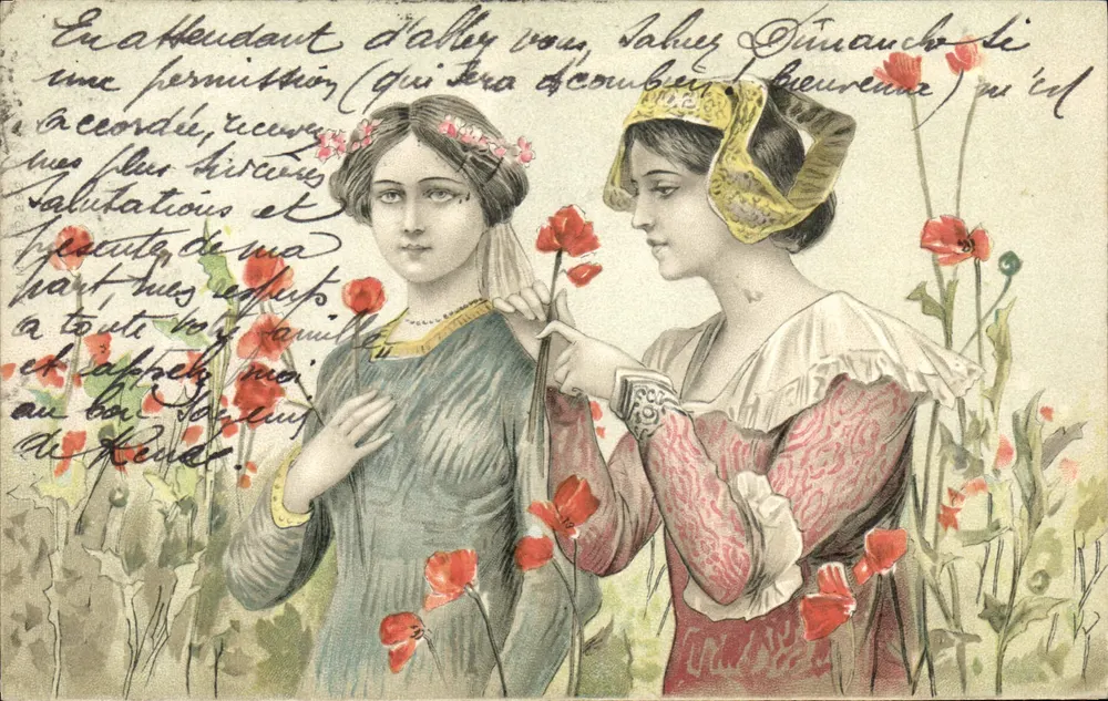 Duas jovens mulheres em vestido tradicional — papoulas — editor não visível - Frente