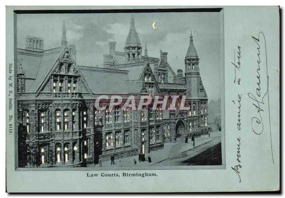 Gerichtsgebäude, Birmingham — Nachtsicht mit Halbmond — Hersteller: W. H. Beelia, Nr. 8110 - Vorderseite