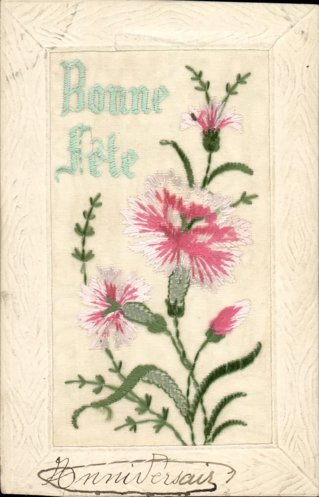 Flores bordadas — Boa Festa de Aniversário — Carte postale ancienne - Frente