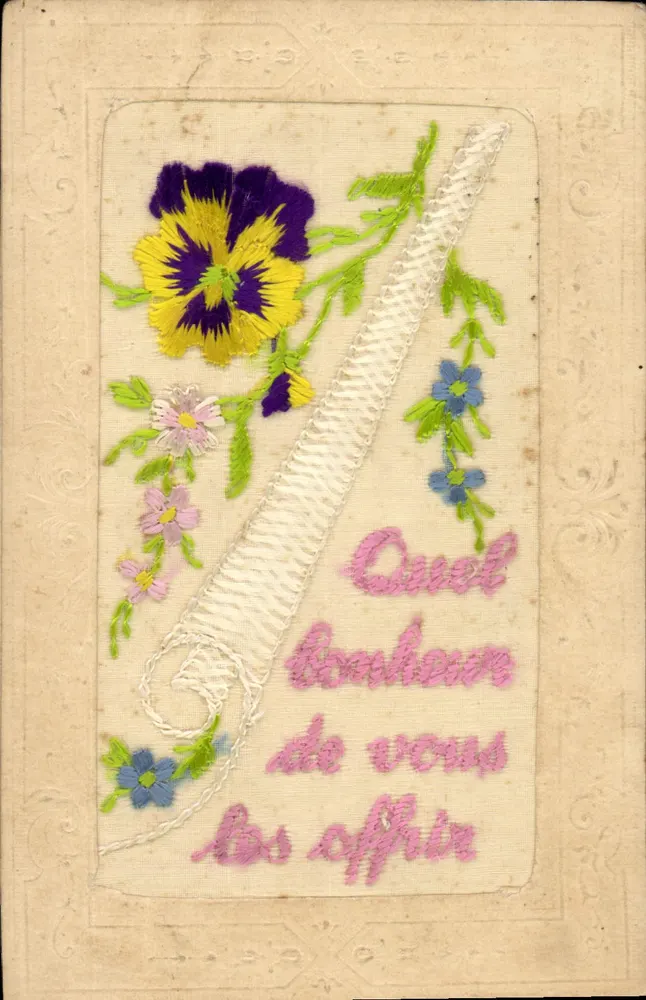 Carta postal bordada — flores e texto — Marca registrada Vise Paris - Frente
