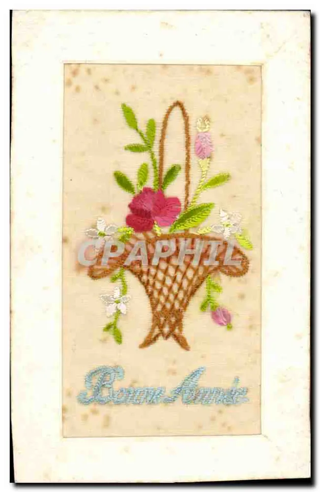 Arranjo de flores bordadas — Boas Festas — Carta postal antiga - Frente