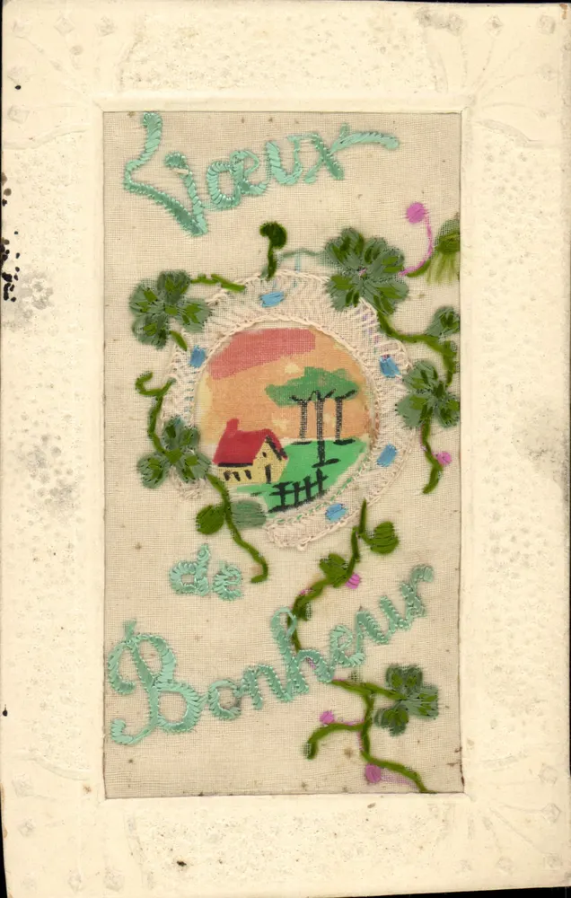 Deseos de Felicidad — tarjeta postal bordada — F.P.C.L. - Anverso
