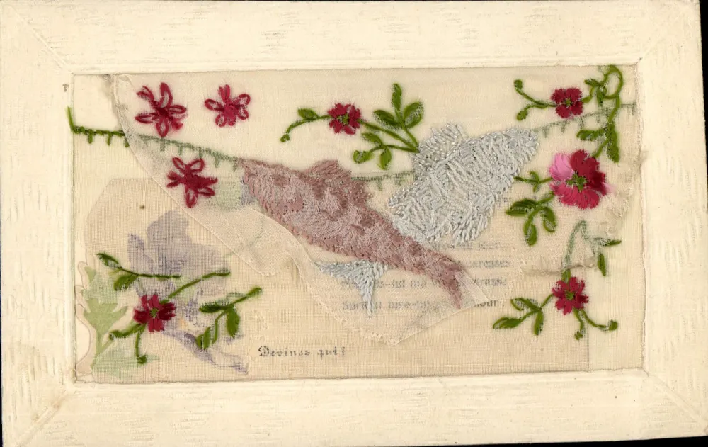 Aves e flores bordadas — carta postal decorativa — editor desconhecido - Frente
