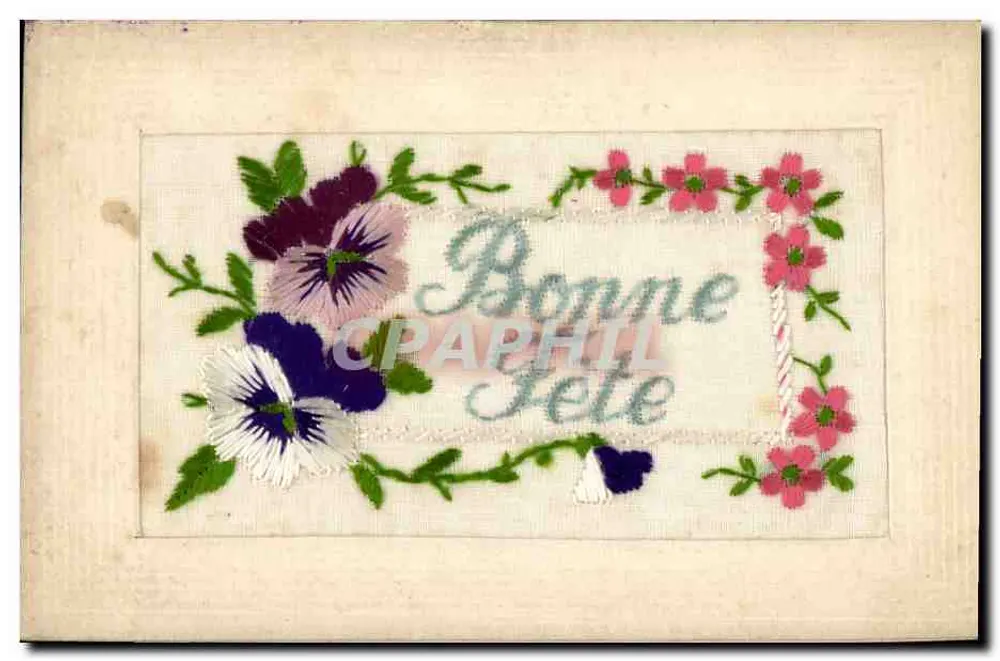Flores bordadas — Boa festa — Carta postal francesa - Frente