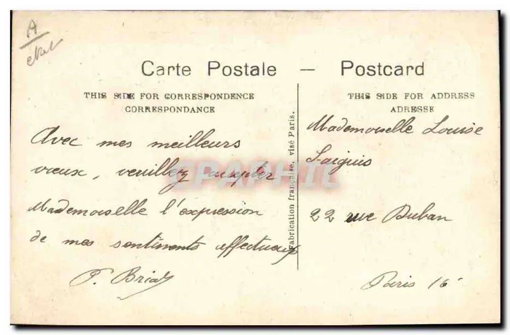 Flores bordadas — Boa festa — Carta postal francesa - Verso