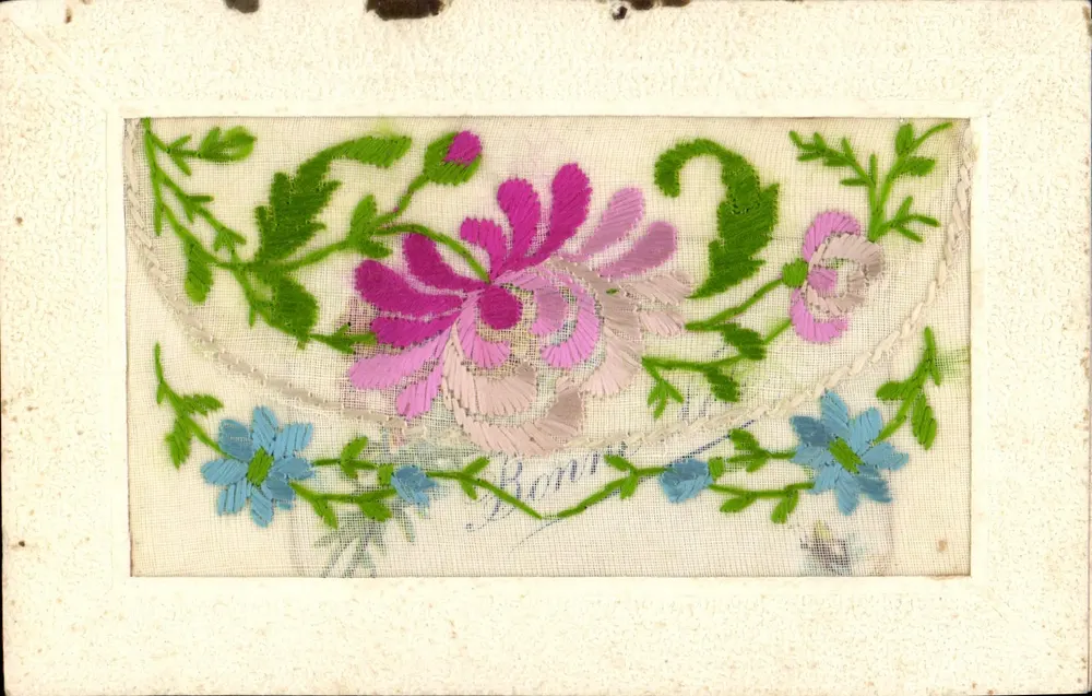 Flores bordadas — Boa Ano — Carta postal de correspondência - Frente