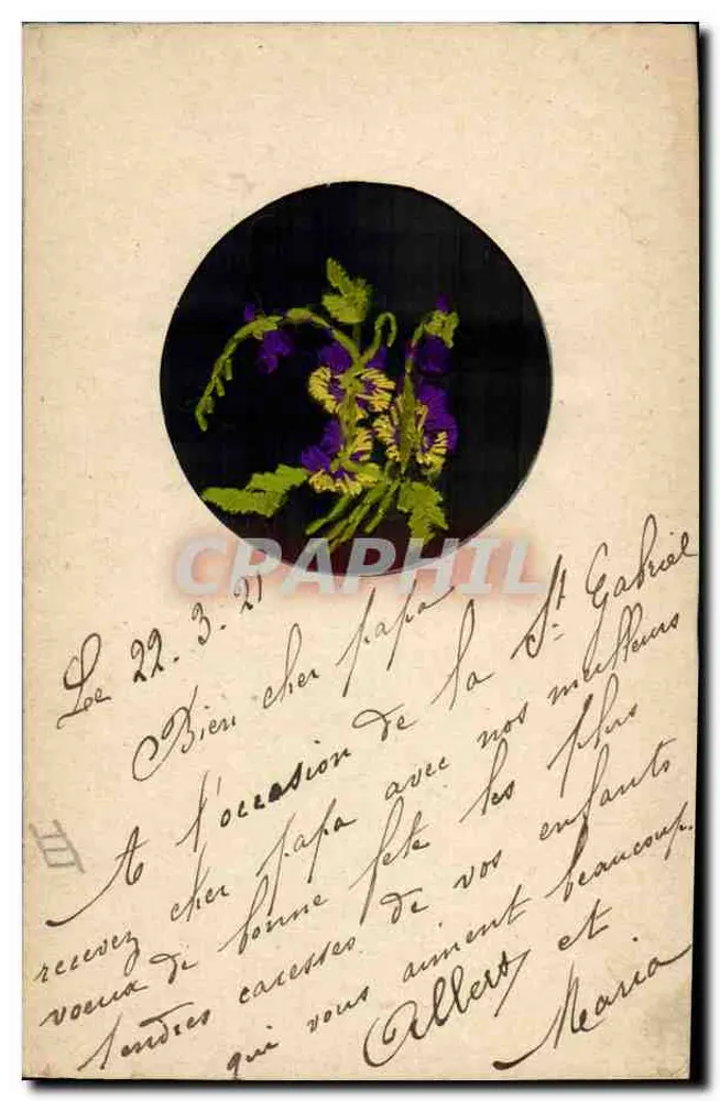 Arranjo de violetas — cartão de felicitações — Albert e Maria - Verso