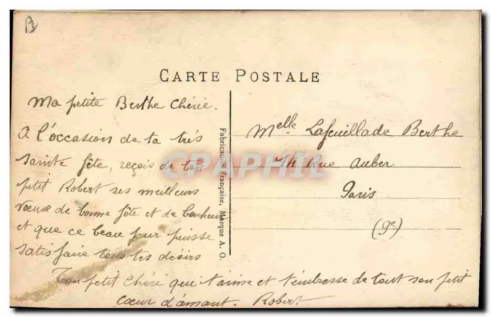 Flores bordadas — Boa Festa — Carta postal francesa, Marca A. O. - Verso