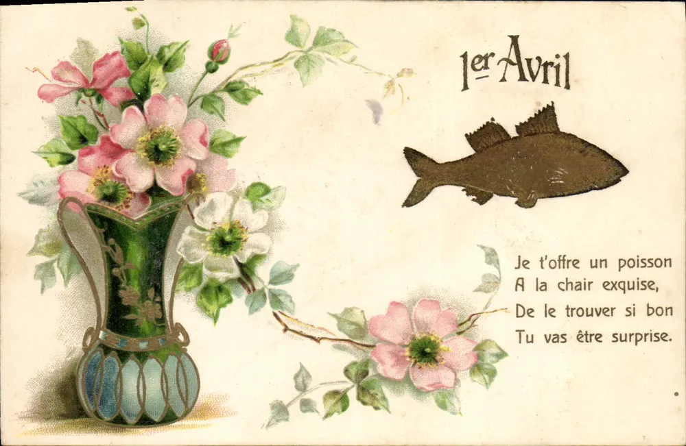 Blumen und Fisch — 1. April — Ansichtskarte der Universalpostalunion - Vorderseite