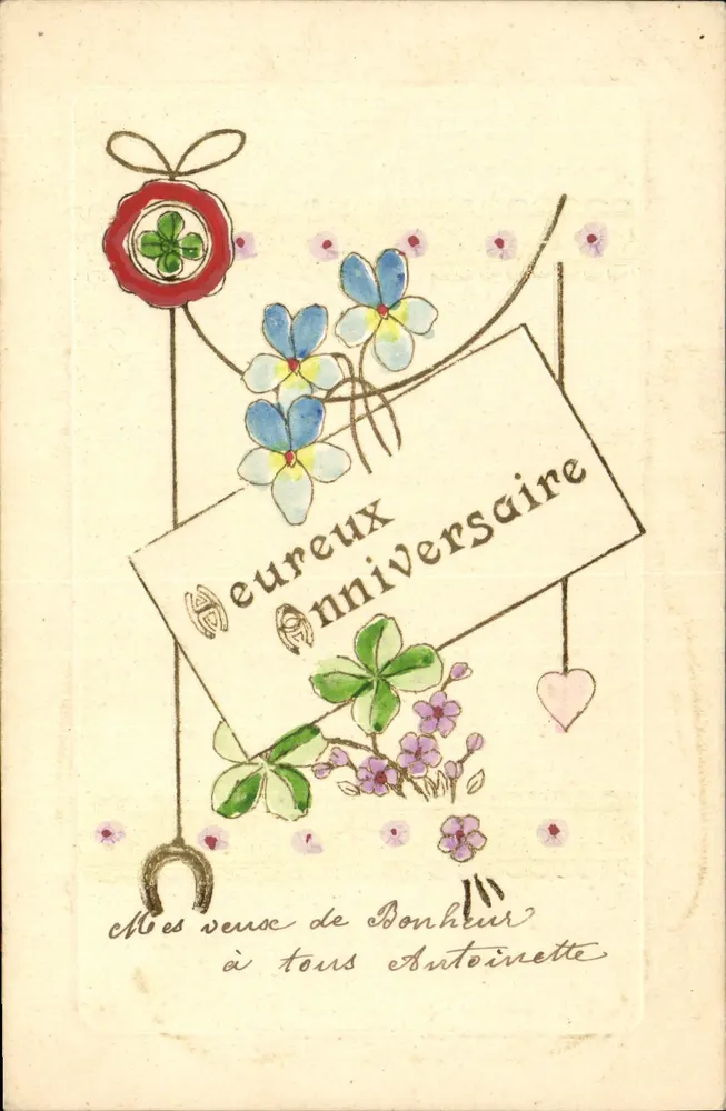 Aniversário — Carta postal decorada com flores e trevo — editor Levelez-Lap - Frente