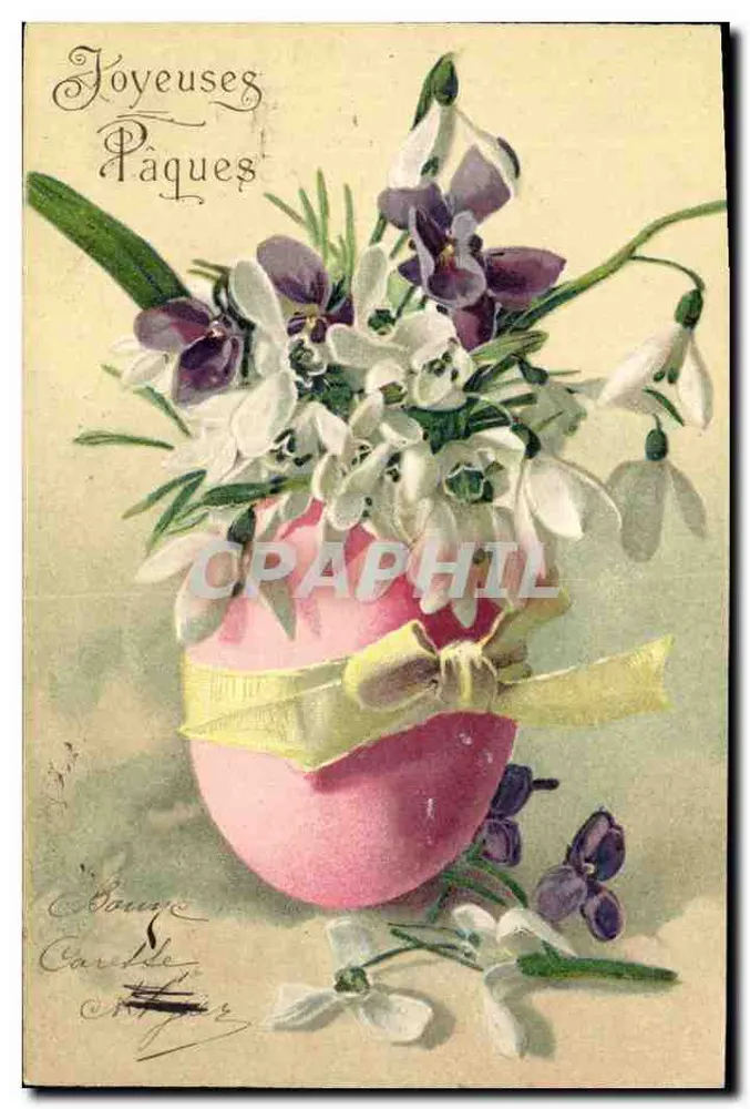 Flores de primavera em um ovo rosa — Felizes Páscoas — editor B. SÉRIE 3225 - Frente