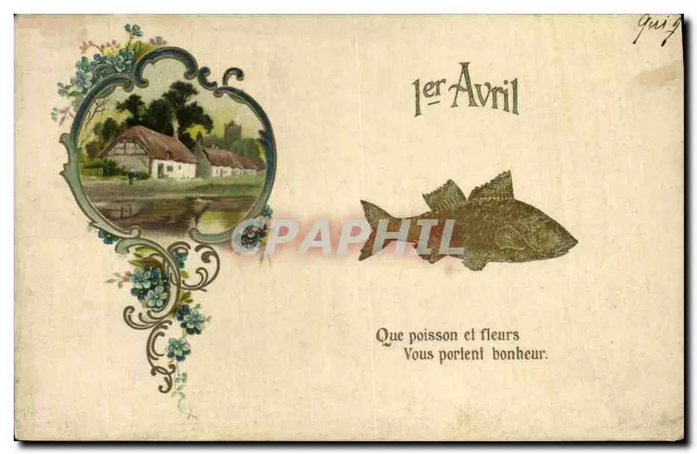 Fisch und Blumen — 1. April — Humoristische Ansichtskarte - Vorderseite