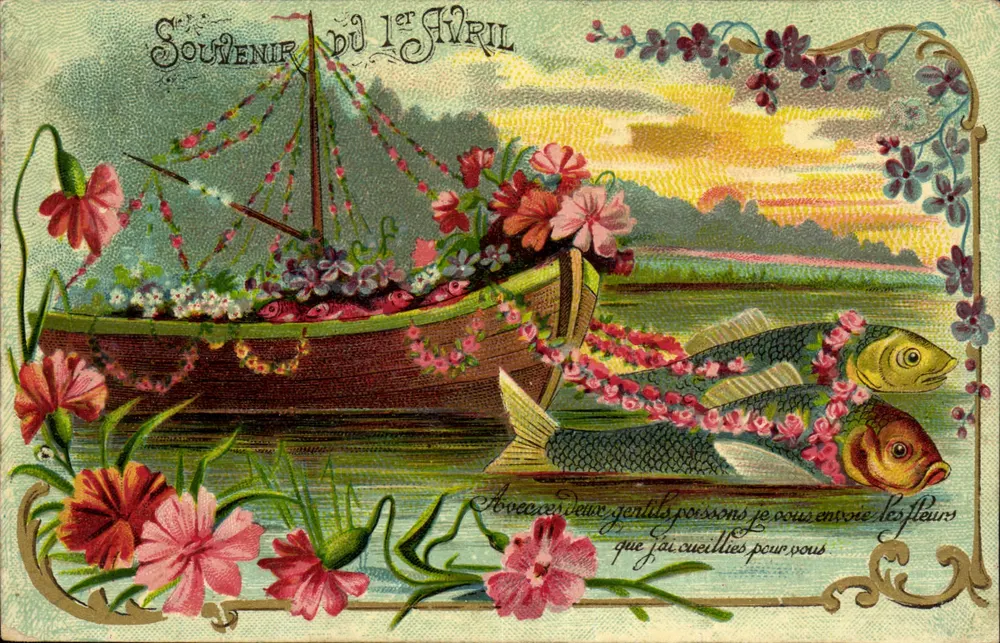 Boot und Fische mit Blumen dekoriert — Erinnerung an den 1. April — Verlag Levelezô Lap - Vorderseite