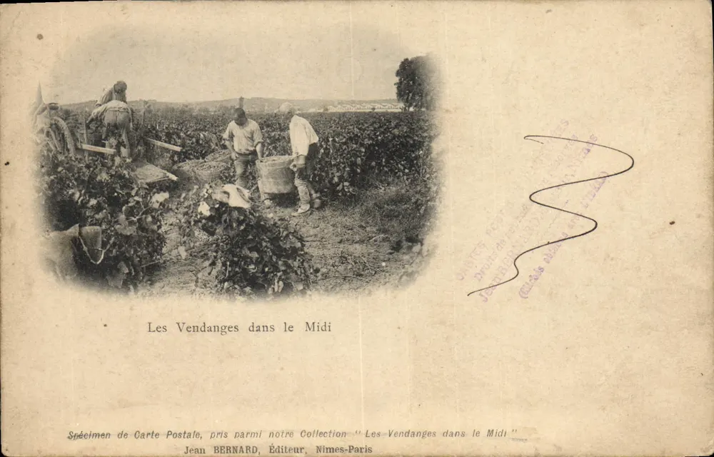 As Colheitas no Midi — Espécime de carta postal — Jean Bernard, editor, Nîmes-Paris - Frente