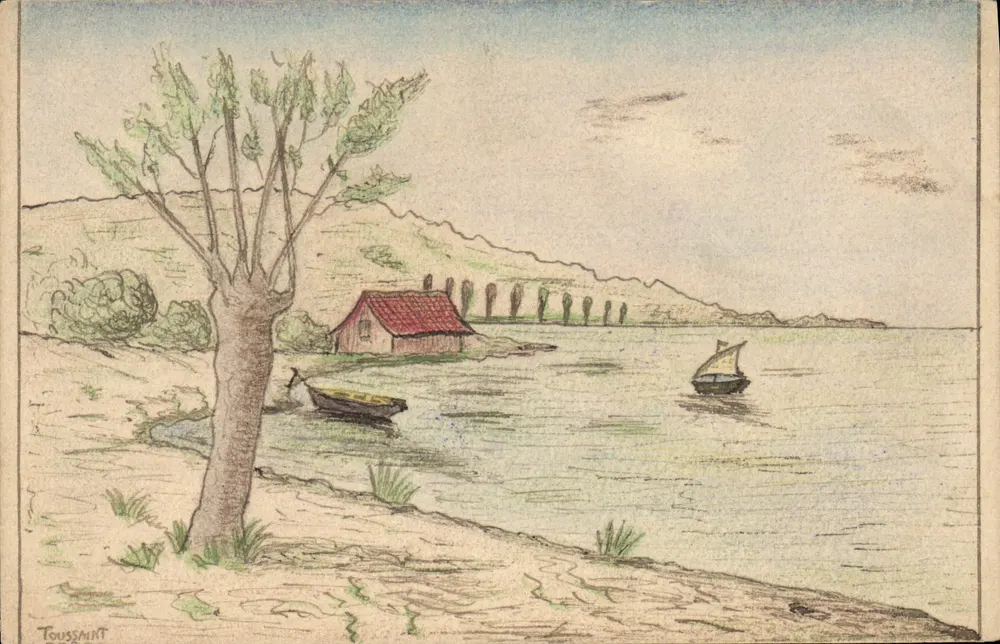 Ansicht eines Sees — Haus und Boot — Zeichnung von Toussaint - Vorderseite