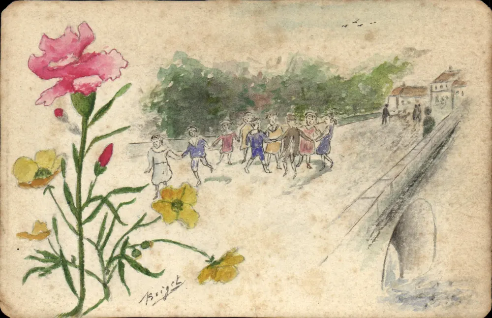 Kinder, die auf einer Brücke spielen — Aquarellzeichnung — signiert Boujot - Vorderseite