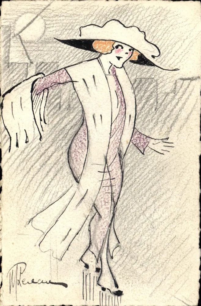 Frau im eleganten Kleid — Bleistiftzeichnung — M. Renaud - Vorderseite