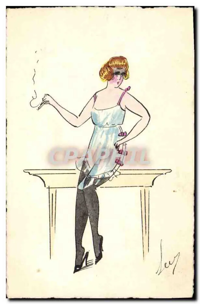 Frau in Nachthemd und Brille — Illustration — signiert 'Levy' - Vorderseite