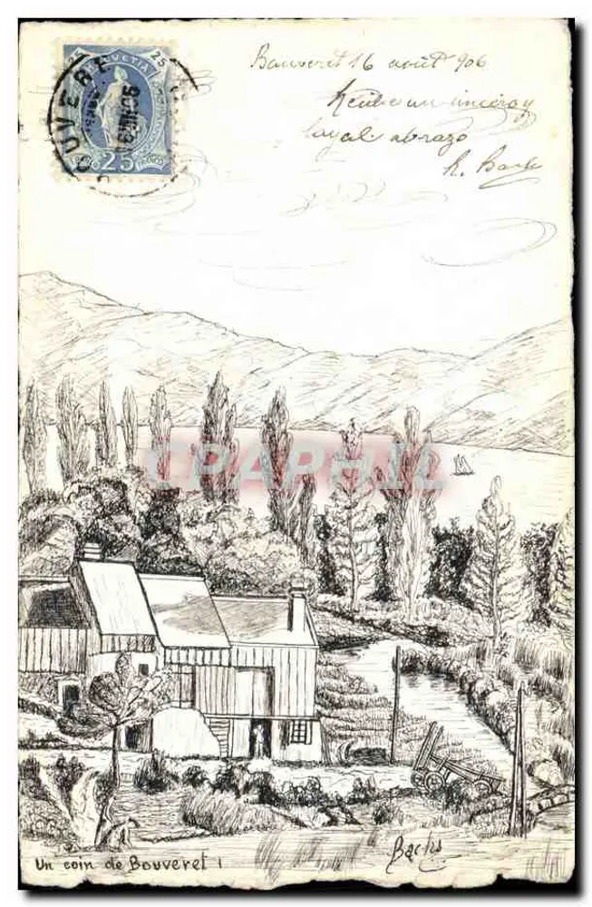 Ein Stück von Bouveret — Aussicht von der Uferseite eines Sees mit Bergen — Verlag H. Barès, Nr. 1 - Vorderseite